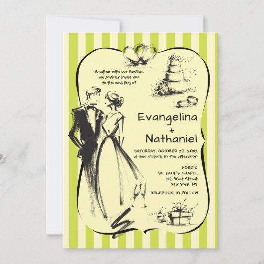 Trendy Scribble Stripes Whimsical Doodle Wedding 招待状 (正面)