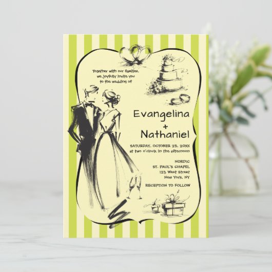 Trendy Scribble Stripes Whimsical Doodle Wedding 招待状 (スタンド正面)