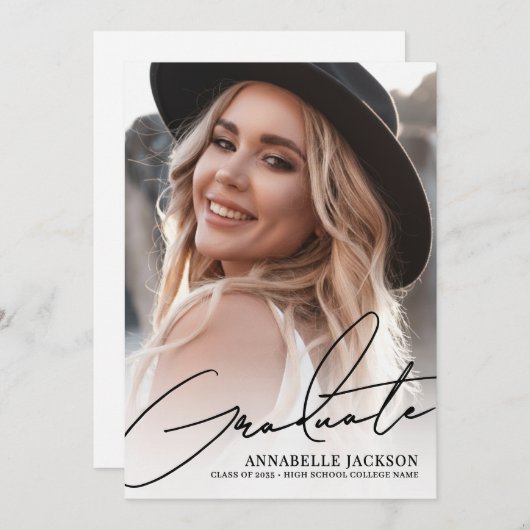 Trendy Script Graduate Simple Photo Graduation 招待状 (正面/裏面)