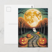 Trendy spooky Halloween Pumpkin Ghost Moon forest ポストカード (正面/裏面)