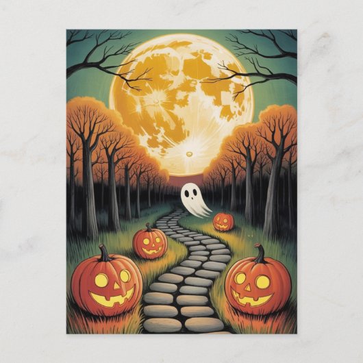 Trendy spooky Halloween Pumpkin Ghost Moon forest ポストカード (正面)