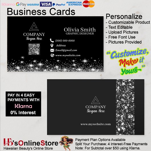 Trendy Stars & Sparkles QR Code Black Networking 名刺