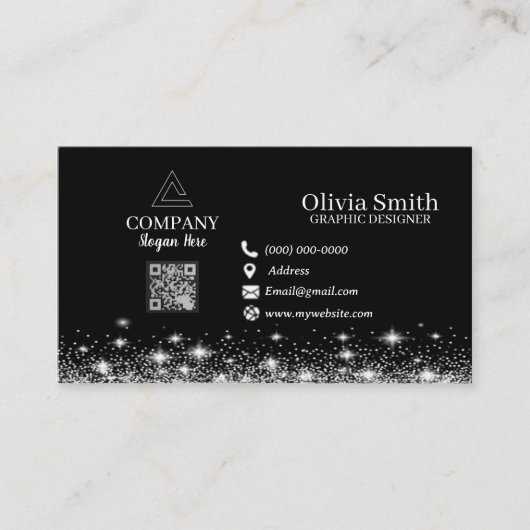 Trendy Stars & Sparkles QR Code Black Networking 名刺 (正面)