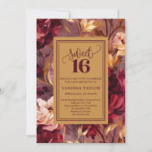 Trendy Sweet 16 Burgundy Roses Gold Invitation 招待状 (正面)