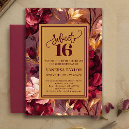 Trendy Sweet 16 Burgundy Roses Gold Invitation 招待状