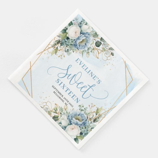 Trendy Sweet 16th Dusty Blue and Gold Party Napkin (コーナー)