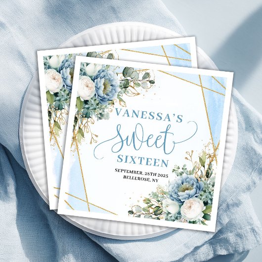 Trendy Sweet 16th Dusty Blue and Gold Party Napkin