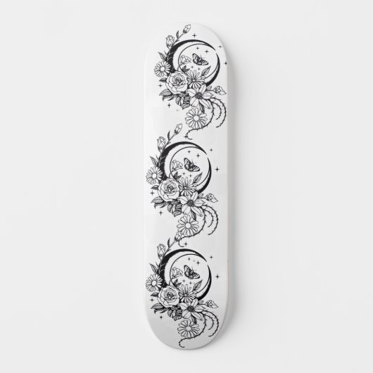 Trendy Tattoo Style Floral Crescent Moon Deck スケートボード (正面)