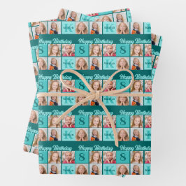 Trendy Teal Birthday Party Custom Photo Collage ラッピングペーパーシート