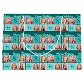 Trendy Teal Birthday Party Custom Photo Collage ラージペーパーバッグ (正面)