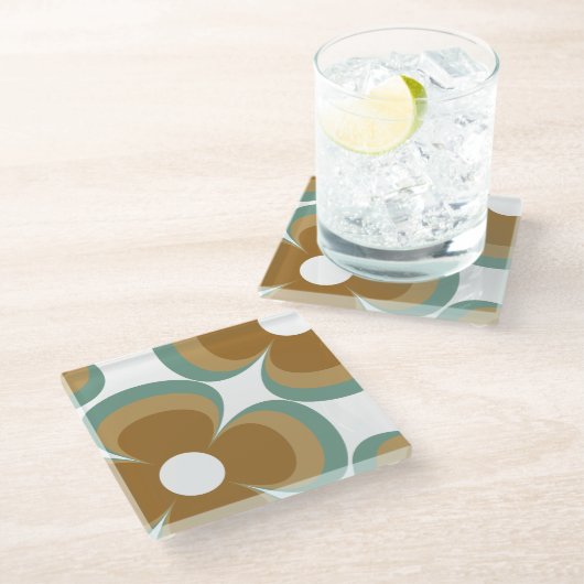 Trendy Teal Caramel Retro Groovy Flowers Seamless ガラスコースター (アングル)