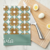 Trendy Teal Caramel Retro Groovy Flowers Seamless キッチンタオル (四つ折り)