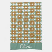 Trendy Teal Caramel Retro Groovy Flowers Seamless キッチンタオル (縦)