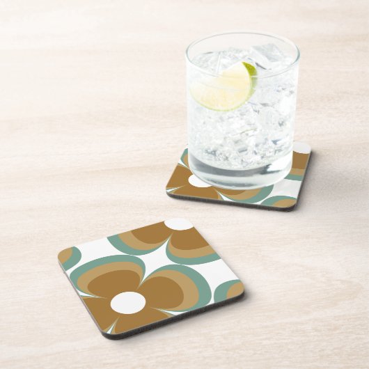 Trendy Teal Caramel Retro Groovy Flowers Seamless コースター (右側)