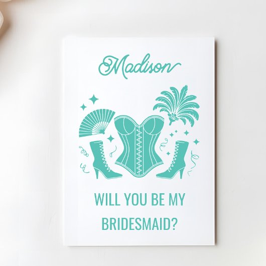 Trendy Teal Las Vegas Showgirl Bridesmaid Proposal カード