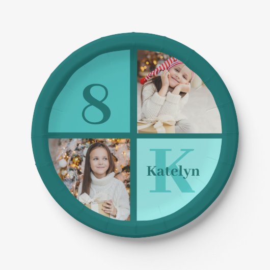 Trendy Teal Photo Collage Custom Birthday Party ペーパープレート (正面)