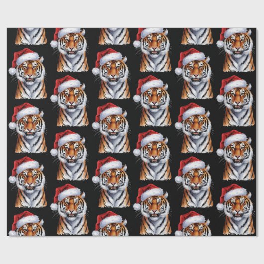 Trendy Tiger with Santa Hat Christmas Black  ラッピングペーパー (フラット)
