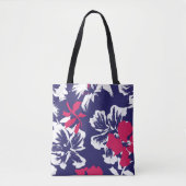 Trendy Tropical Abstract Blue Red Floral Pattern トートバッグ (正面)