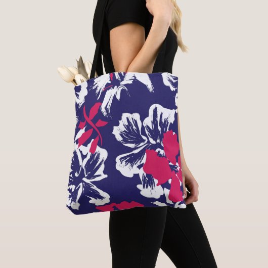 Trendy Tropical Abstract Blue Red Floral Pattern トートバッグ (クローズアップ)