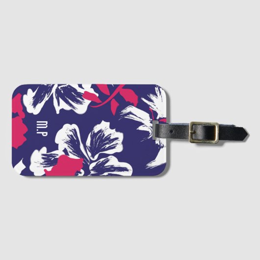 Trendy Tropical Blue Red Floral Pattern Monogram ラゲッジタグ (正面横)
