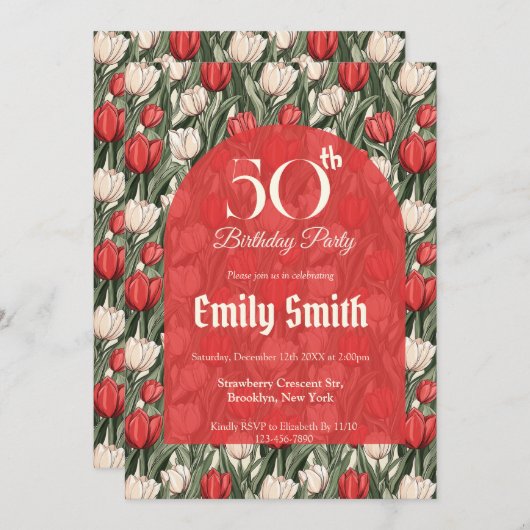 Trendy Tulip Fantasy First Birthday Gift 招待状 (正面/裏面)