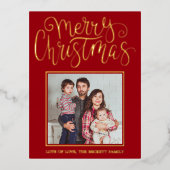 Trendy Typography "Merry Christmas" Photo Real 箔シーズンポストカード (正面)