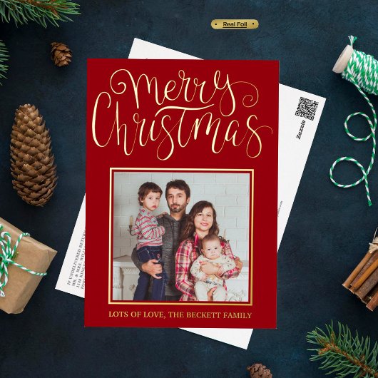 Trendy Typography "Merry Christmas" Photo Real 箔シーズンポストカード