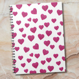 Trendy Valentine Pink Glitter Hearts on White ノートブック
