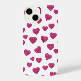 Trendy Valentine Pink Glitter Hearts on White iPhone 14ケース