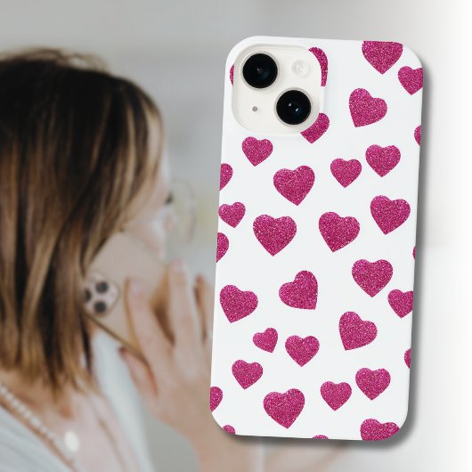 Trendy Valentine Pink Glitter Hearts on White iPhoneケース