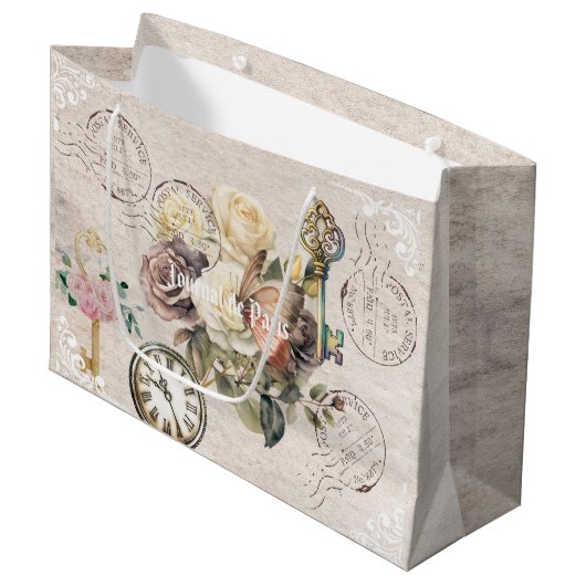 Trendy vintage french Journal de paris Rustic ラージペーパーバッグ (正面アングル)