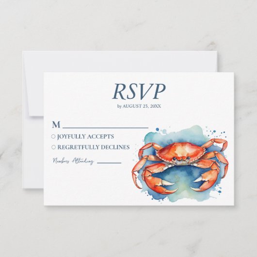 Trendy Watercolor Crab Nautical Beach Wedding 出欠カード (正面)