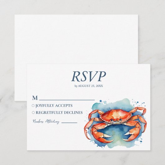 Trendy Watercolor Crab Nautical Beach Wedding 出欠カード (正面/裏面)