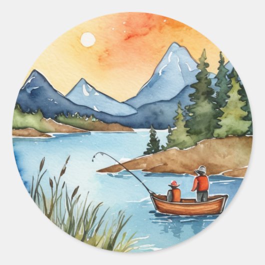 Trendy Watercolor mountain wooden fishing boat     ラウンドシール (正面)