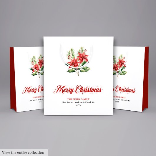 Trendy Watercolor Red Poinsettia Holiday Gift Bag ミディアムペーパーバッグ