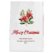 Trendy Watercolor Red Poinsettia Holiday Gift Bag ミディアムペーパーバッグ (裏面)