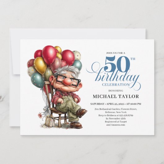 Trendy Whimsical Man 50th Birthday Funny Humor 招待状 (正面)