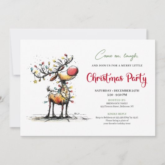 Trendy whimsical reindeer holiday party invite 招待状 (正面)