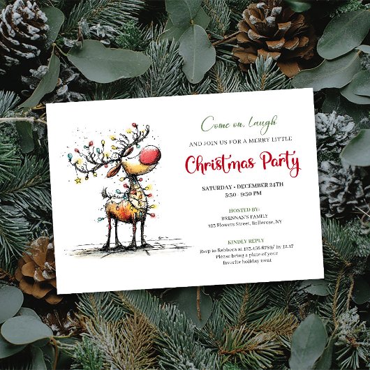 Trendy whimsical reindeer holiday party invite 招待状