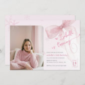Trendy Winter Pink Bow Girl Photo 16th Birthday 招待状 (正面/裏面)
