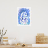 Trendy wise white owl blue watercolor night sky ポスター (キッチン)