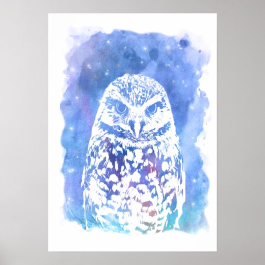 Trendy wise white owl blue watercolor night sky ポスター (正面)