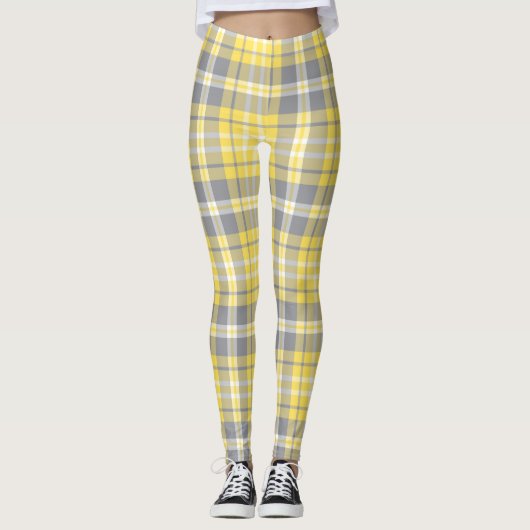 Trendy Yellow and Gray Madras Plaid レギンス (正面)