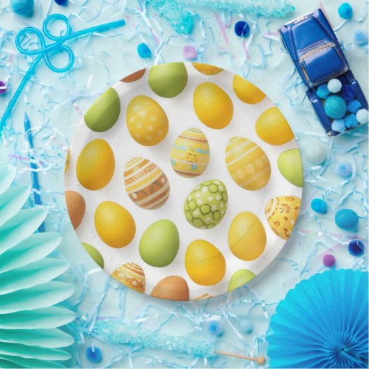 Trendy Yellow & Green Easter Eggs Pattern Paper P ペーパープレート (パーティー)