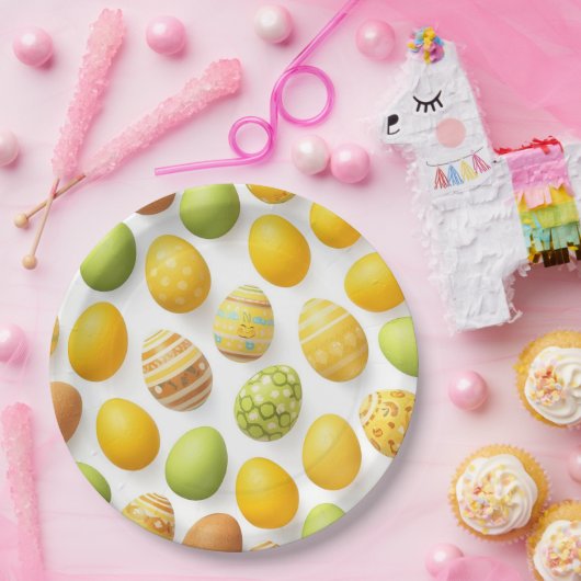 Trendy Yellow & Green Easter Eggs Pattern Paper P ペーパープレート (パーティー)
