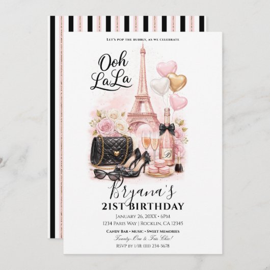Très Chic in the City Pink Paris 21st Birthday  招待状 (正面/裏面)
