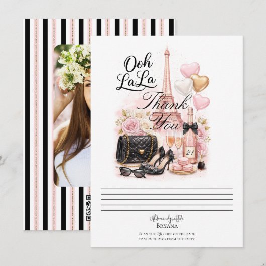 Très Chic in the City Pink Paris Thank You Card 招待状 (正面/裏面)