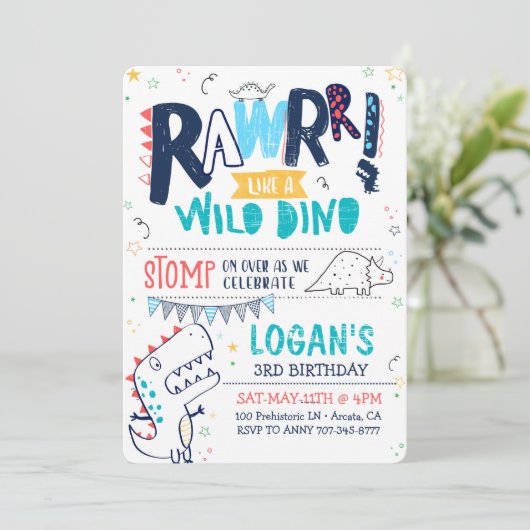 TREX恐竜誕生日招待状ローールワイルドDINO 招待状 (スタンド正面)