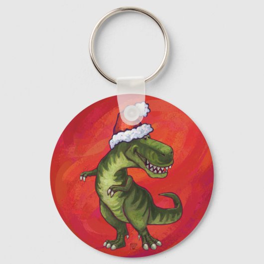 TRex Dino in Santa Hat on Red キーホルダー (正面)