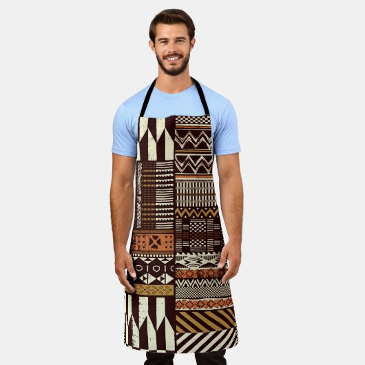 Tribal African style fabric patchwork abstract vin エプロン (着用した状態)